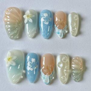 lot 4504 image: 30Pcs Flower Press on Nails Medium Almond Fake Nails 3D Flowers Irregular Lines Rhinestones Designs Full Cover French Tip Glue on Nails Summer False Nails for Women Girls Acrylic Nail Decorations
