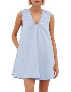 lot 6452 image: Ziesexy Babydoll Mini Dress for Women Sleeveless Summer Beach Dresses Casual Scoop Neck Flowy Cotton Short Dress with Pockets Blue size L used