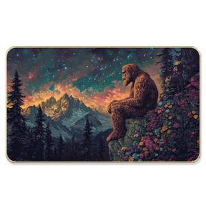 lot 6487 image: LADOCK Starry Night Mountain Bigfoot Faux Linen Door Mat, Wildflower Forest Sasquatch Doormat Outdoor Indoor Entrance Porch, Fantasy Mystical Bigfoot Welcome Mats for Front Door, 17x30 Inch
