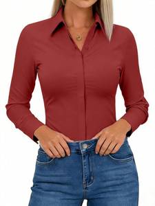 lot 6489 image: Aoudery Button Down Shirts for Women Slim Fit Long Sleeve Wrinkle Free Work Shirt Stretch Dress Shirts Office Blouse Top - Burgundy L