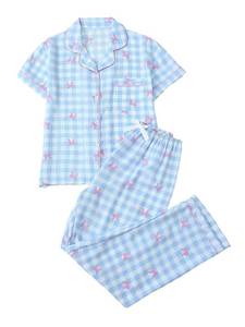 lot 6491 image: BEAUDRM Womenfts 2 Piece Gingham Pajama Set Summer Pj Sets Plaid Bow Print Button Down Shirts with Pants Loungewear Blue and Pink X-Large