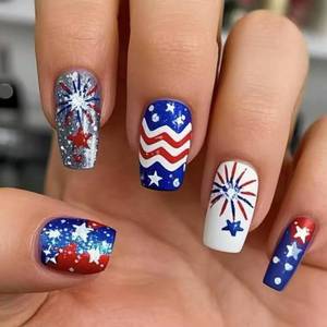 lot 10347 image: Independence Day Press On Nails Fireworks Fake Nails Red Blue White Glue on Nail Star Glossy False Nails Artificial Acrylic Full Cover Medium Square Stick on Nails for Women Manicure 24Pcs