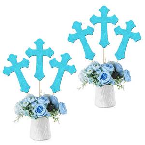 lot 10363 image: 12Pcs Cross Centerpiece Sticks Blue Glitter God Baptism Table Toppers Christian Theme Baby Shower Decorations for Easter God Bless First Communion Christening Birthday Party Supplies