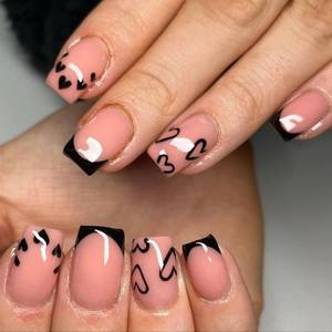 lot 10375 image: Valentine Press on Nails Short Square Fake Nails Black Heart French Tip Design,Black Heart Nails Press ons Acrylic Glue On Nails,Manicure Stick on Nails for Women Holiday and Party 24Pcs