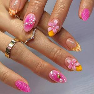 lot 10379 image: 24Pcs Flower Press on Nails Short Almond Fake Nails with Flower Pearl Design Pink Reusable False Nails French Tip Nails Press ons Holiday Stick on Nail Artificial Full Cover Glue on Nail for Women