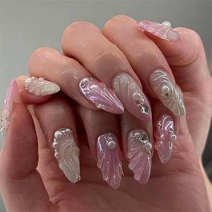 lot 10381 image: Pink Press on Nails - Long Stiletto Fake Nails  3D Shell Design False Nails,Rhinestone Press on Nails,Full Cover Glossy Acrylic Nails,Reusable Stick on Nail for Women Girls 24Pcs