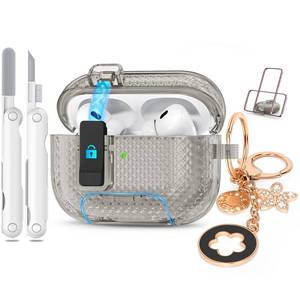 lot 10390 image: for Airpods Pro 2nd1st Generation Case Shining Black with LockandBling Keychain for WomenandGirly,Cute Soft TPU Clear Cases Cove for Airpods Pro 2 Case with Cleaning Kit,Phone Holder Function