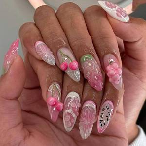 lot 10404 image: MINGCHUN Handmade French Tip Press on Nails Short Almond Summer Fake Nails Press ons Acrylic Nail Tips Full Cover False Nails Glue on Nails Kit Cherry Strawberry 3D Texture for Women 24 Pcs-12 Sizes