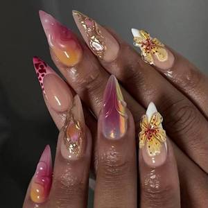 lot 10408 image: 24Pcs Summer Press on Nails Medium Almond Fake Nails Yellow Ombre Flower with Gold Chrome Design Full Cover Stick on Nail Leopard French Tip False Nails for Women Girls Acrylic Manicure Decorations