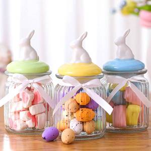 lot 11446 image: Potchen 3 Pcs Easter Candy Jars with Ceramic Bunny Ear Lids 7.8 oz Pastel Decorative Glass Storage Canisters for Spring Party Kitchen Decor Table Centerpiece Tea Cookie Mini Eggs Storage(Bunny Ears)