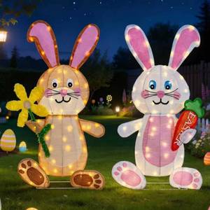lot 11449 image: Easter Decorations Outdoor Yard Decor, Set of 2 Lighted Bunny Ornament for Porch Lawn Patio Garden, 120 LED Lights, 35 Inch, Rabbit Gifts for Women Mom, with Carrot and Blossom