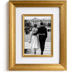 lot 11470 image: Yaetm 8x10 Gold Picture Frame with Decorative Inner Frame and Tempered Glass, Display 5x7 Photos with Mat - Portrait or Landscape - Tabletop and Wall Mount for Office and Home Dcor (Vintage Gold, Single)