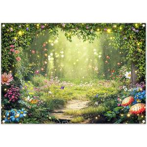 lot 12297 image: ZTHMOE Fabric 7x5ft Enchanted Forest Photography Backdrop Fairy Garden Background Kids Girl Magic Wonderland Party Decoration Spring Photo Booth Props