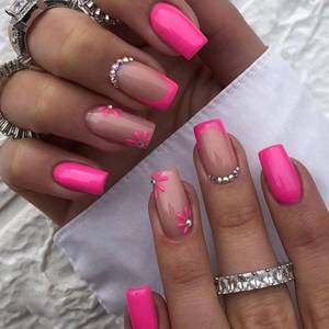 lot 12310 image: Medium Press on Nails Square Fake Nails with Flower Rhinestones Designs Pink Nails Press ons Glossy Glue on Nails French Tip False Nails Full Cover Acrylic Nails Nude Stick on Nails for Women 24Pcs