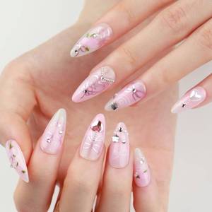 lot 12330 image: evpct Spring and Summer Press on Nails Medium Almond, Warm Pink Fake Nails Press ons with 3D Flower Design, Light Weight Perfectly Fit Fake Nails for Women Gift, Fake Nail Kit with Kits Gel, 24Pcs