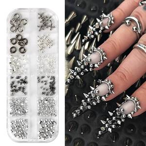 lot 12340 image: 3D Punk Alloy Nail Charms Silver Black Cone Spike Studs Cross Hanging Rings Metallic Nail Rivets Jewelry with Half Round Flatback Pearls Silver Beads Y2K Manicure Decorations DIY Crafts