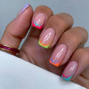 lot 12415 image: 24 Pcs Pink Press On Nails Short Square,YEFIUO Spring Summer Blue French Floral Fake Nails Press ons Nail Art Tips Acrylic Nail Kit Glue on Nails Full Cover False Nails with Flowers Design for Maftam