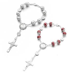 lot 12447 image: MUQIDA 2 PCS Car Rosary for Rearview Mirror, Personalized Cross Blessing Rosary Beads Hanging Ornament, Auto Rear View Mirror Medal Cross Religious Charm Pendant for Women Men (SilverRed)