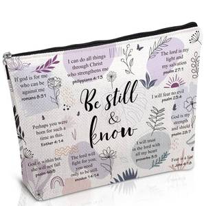 lot 12450 image: Luvsweets Christian Gifts for Women - Be Still and Know Bible Verse Makeup Bag, Religious Faith Based Gift, Scripture Gifts Cosmetic Bag, Christmas Baptism Gift for Family Friends