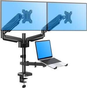 lot 13668 image: MOUNTUP Dual Monitor and Laptop Mount, Adjustable Monitor Stand for 2 Max 27in Computer Screens, Laptop Tray Fits 10-17inch Notebook, Holds 4.4-17.6lbs Per Arm, 3-in-1 Adjustable Monitor Desk Mount