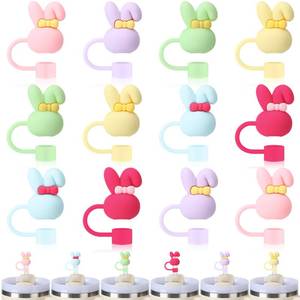 lot 14123 image: XLSXEXCL 12 Pcs Easter Bow Bunny Straw Toppers Cover Caps Compatible with Stanley Cup, Easter Silicone Cute Reusable Straw Toppers for Cups 30and40 Oz Tumbler Accessories 10mm