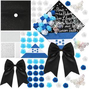 lot 14138 image: Dunzoom 56 Pcs Honduras Flag DIY Graduation Cap Decorations Set Grad Cap Topper Country Flag-Themed Letter Stickers Artificial Flower, Butterfly, and Bow Hair Clips for Wreath Grad Hat Ceremony Party