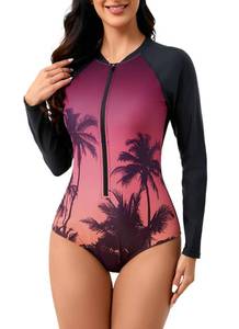 lot 14165 image: Halcurt Womenfts One Piece Rash Guard with Built in Bra UPF50 Zip Long Sleeve Surfing Athletic Swimsuit Pink Sunset 2XL