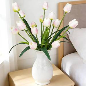 lot 14177 image: Homsunny 18.9 inLarge Pink and White Imitation Tulip Artificial Flowers, 15-Piece Pack. Perfect for spring weddings, Valentinefts Day, Easter, Motherfts Day, and elegant home and table vase arrangements.