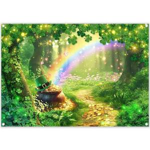 lot 14182 image: ZTHMOE Fabric 10x8ft St. Patrickfts Day Photography Backdrop Spring Forest Rainbow Shamrock Gold Coins Background Festival Party Decorations Banner Photo Booth