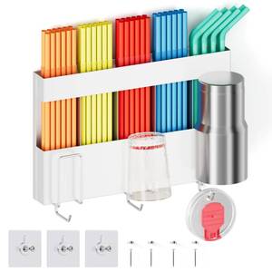 lot 14184 image: Metal Straw Holder for Cabinet Doors, Magnetic Cup and Straw Holder for Fridge, Reusable Straws Organizer with Adhesive Hooks, for Cabine Refrigerators,Kitchen, White