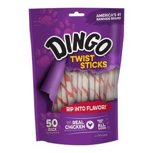 lot 14187 image: Dingo Twist Sticks Rawhide Chews for All Dogs  Made with Real Chicken  50 Count