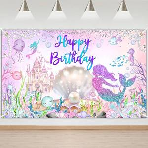 lot 14193 image: Avezano Mermaid Happy Birthday Backdrop Under The Sea Birthday Party Decorations Little Mermaid Backdrop for Girls Ocean Theme Bday Party Decor