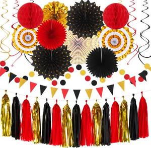 lot 14224 image: Red Black-Gold Casino Theme Party-Decorations - 33pcs Kits Game Night Graduation Banner, StreamersTassel Garland,Tissue Pom Poms Honeycomb, Paper Lantern Fans,Wedding Birthday Baby Shower Decor Hugtmr