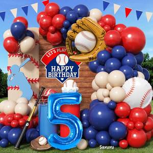 lot 14261 image: Baseball Balloon Arch with 40-Inch Navy Blue Number 5 Balloon, 5th Birthday Party Decorations for Boys with Red Blue Nude Baseball Glove Foil Balloons for 5 year old Birthday Sport Party Baby Shower