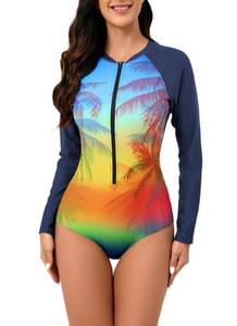 lot 14273 image: Halcurt Womenfts One Piece Rash Guard with Built in Bra UPF50 Zip Long Sleeve Surfing Athletic Swimsuit Beach Sunset L