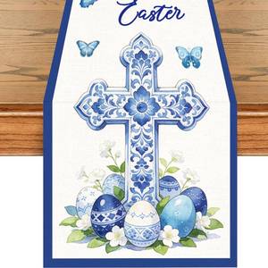 lot 14278 image: MOIZYNG Christian Easter Table Runner, Chinoiserie Blue and White Porcelain Butterfly Cross Easter Eggs Table Decorations for Seasonal Spring Kitchen Dining Home Party Decor 13 x 72 Inch
