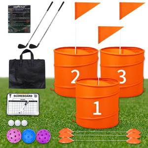 lot 17554 image: DigNew Orange 3PCS Backyard Golf Game, Set with3Pop-Up Holes  3 Flags  6 Tee Boxes  3 Game Balls  1 Carrying Bag  3 Connecting Ropes  1 Scoreboard  2 Clubs  3 Golf Balls  1 Manual,Outdoor
