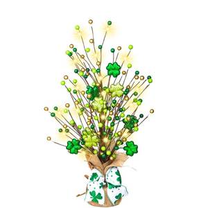 lot 17576 image: 20in H St. Patrickfts Day Shamrock Table Tree Decorative Green and Gold Berries with 20 LED Lights, Burlap Base and Green Bow, Shiny Clover Artificial Tree for St. Patrickfts Day Decorations Home Decor
