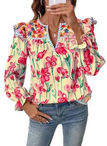 lot 18212 image: SHEWIN Blouses for Women Trendy V Neck Chiffon Blouse Long Sleeve Womens Tops Office Work Fall Blouses for Women 2025 Foral Yellow Small
