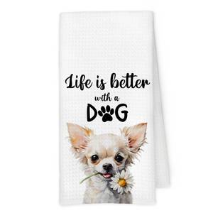 lot 18257 image: (Lot of 2) Qskjre Chihuahua Dog Kitchen Towels, Chihuahua Gifts for Women Dogs Mom Lovers, Funny Life is Better with a Dog Decorative Hand Tea Dish Towel for Bathroom Kitchen Decor, 16x24 Inch
