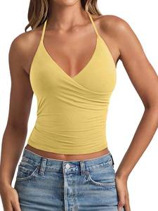lot 18260 image: Size L REORIA Womenfts Basic Cross Over Wrap V Neck Backless Double Lined Going Out Halter Tank Tops Y2k Cute Summer Trendy Sleeveless Shirts