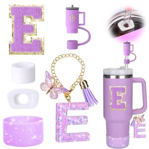 lot 18272 image: Mity rain 6PCS Cup Accessories Set for Stanley Cup 30oz 40oz tumbler with handle, Including Silicone Straw Topper Cover Cap and Boot, Spill Proof Stopper, Handle Charm, Initials Sticker (Letter E)