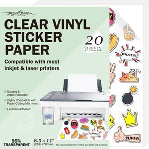 lot 18290 image: JAGERGREEN Clear Printable Vinyl Sticker Paper for Inkjet and Laser Printer, 20 Sheets 8.5x11 Inch 95percent Glossy Transparent Vinyl Sticker Paper Waterproof for Custom Stickers, Labels, Decals