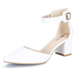 lot 18292 image: IDIFU Womenfts IN2 Pedazo Dress Shoes Low Block Heels Comfortable Chunky Closed Toe Ankle Strap Wedding Pumps(White Pu, 6.5 B(M) US)