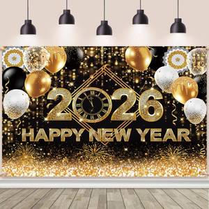 lot 18295 image: AIBIIN 7x5ft Black and Gold Happy New Year Backdrop Countdown Party Hello 2026 Gold Bokeh Glitter Balloon Fireworks Photography Background Cheers to The New Year Christmas Eve Decor Photo Booth Props