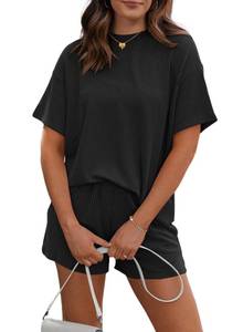 lot 18296 image: RUBZOOF Two Piece Sets for Women Casual Short Sleeve Crewneck Outfits Lounge Sets Fashion Crewneck Loose Short Sets Black L