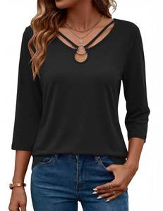 lot 18298 image: Rapbin Tops for Women Trendy 2026 34 Sleeve T Shirts Cut Out Ring Keyhole Neck Casual Solid Color Basic Tee Concert Tops(Black XL)