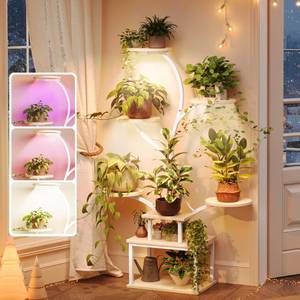 lot 19175 image: PRAISUN 51 Inch Plant Stand with Grow Lights, 8 Tiered Indoor Plant Shelf with Larger Flower Holder, Curved-tubed Design, 3 Light Modes, Corner Plant Rack for Living Room, Oak