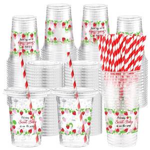lot 19196 image: Funnymoom 50 Sets Strawberry Disposable Plastic Cups with Straws Lids a Berry Sweet Baby Is on the Way 16 oz Strawberry Flower Clear Cups for Berry Birthday Baby Shower Summer Fruit Party