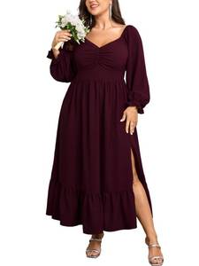 lot 20052 image: SCOMCHIC Womens Plus Size Wedding Guest Cocktail Dress Sweetheart Neckline Long Sleeve Smocked Ruffle Slit Maxi Dresses Burgundy 4XL